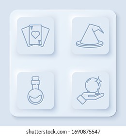 Set line Playing cards, Witch hat, Bottle with love potion and Magic ball on hand. White square button. Vector