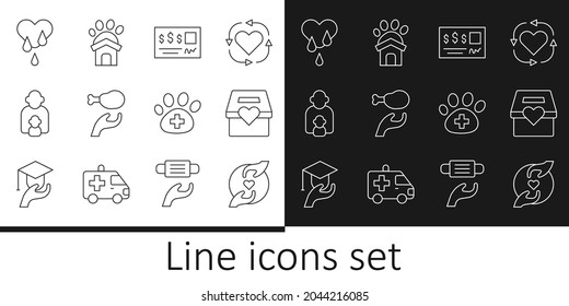 Set line Pleasant relationship, Donation and charity, Bank check, food, Taking care of children, Blood donation, Veterinary clinic and Animal shelter house icon. Vector