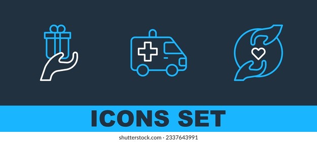 Set line Pleasant relationship, Give gift and Ambulance car icon. Vector