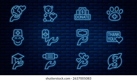 Set line Pleasant relationship, Thank you with heart, Donation and charity, Blood donation, Male doctor, Hand holding Earth globe,  and Donate child toys icon. Vector