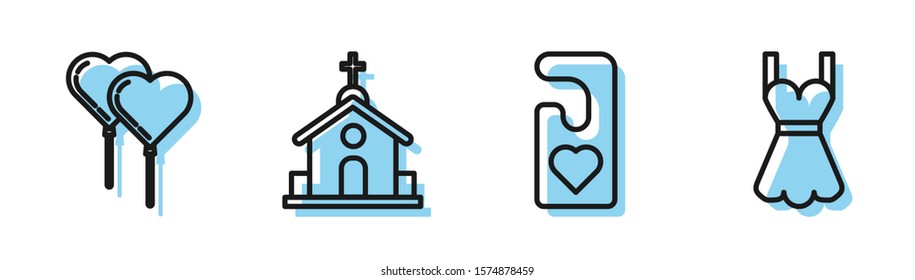 Set line Please do not disturb with heart, Balloons in form of heart with ribbon, Church building and Woman dress icon. Vector