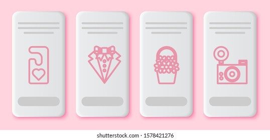 Set line Please do not disturb with heart, Suit, Flowers in a basket and Photo camera. White rectangle button. Vector