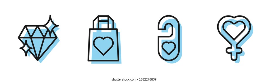 Set line Please do not disturb with heart, Diamond, Shopping bag with heart and Female gender symbol icon. Vector