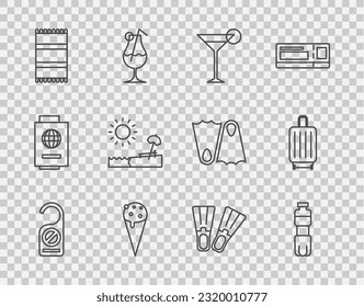 Set line Please do not disturb, Bottle of water, Martini glass, Ice cream waffle cone, Beach towel, with umbrella and chair, Rubber flippers and Suitcase icon. Vector