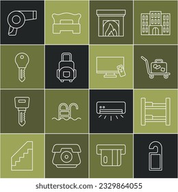 Set line Please do not disturb, Hotel room bed, Trolley suitcase, Interior fireplace, Suitcase, door lock key, Hair dryer and Smart Tv icon. Vector