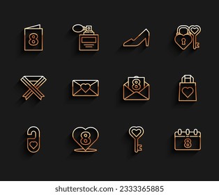 Set line Please do not disturb with heart, Heart 8 March, Greeting card, Key shape, Calendar, Envelope, Shopping bag and  icon. Vector