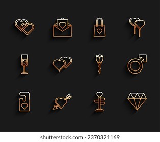 Fijar línea Por favor no molestar con el corazón, símbolo de Amour y flecha, dos corazones vinculados, carteles, diamantes, género masculino e icono de rosa de flores. Vector