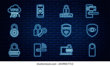 Set line Please do not disturb, Shield and eye, Password protection, Lock key, Safe combination lock wheel, Cloud VPN interface, with wireless and Mobile scan icon. Vector