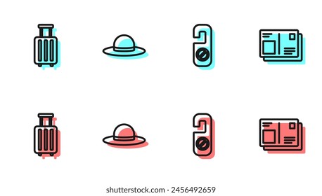 Set line Please do not disturb, Suitcase, Elegant women hat and Passport with visa stamp icon. Vector