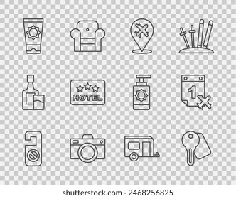 Set line Please do not disturb, Hotel door lock key, Plane, Photo camera, Sunscreen cream in tube, Signboard with text, Rv Camping trailer and Calendar and airplane icon. Vector
