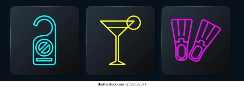 Set line Please do not disturb, Rubber flippers and Martini glass. Black square button. Vector