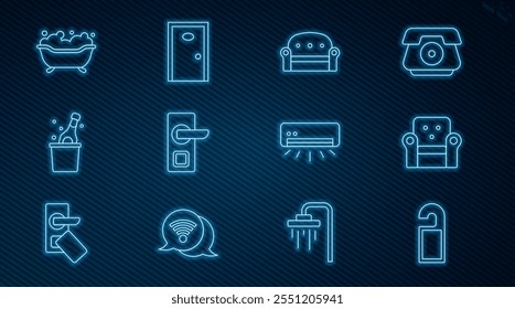 Set line Please do not disturb, Armchair, Sofa, Digital door lock, Bottle champagne, Bathtub, Air conditioner and Hotel icon. Vector