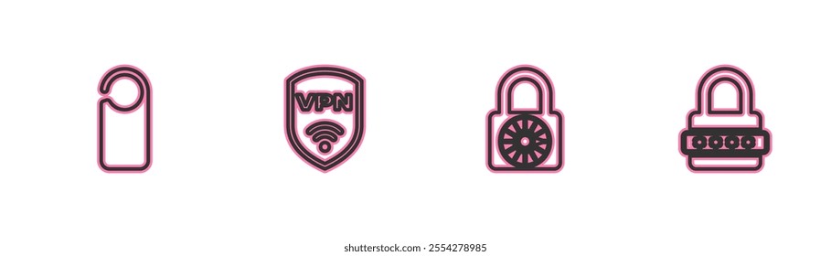 Set line Please do not disturb, Safe combination lock wheel, Shield with VPN wireless and Password protection icon. Vector