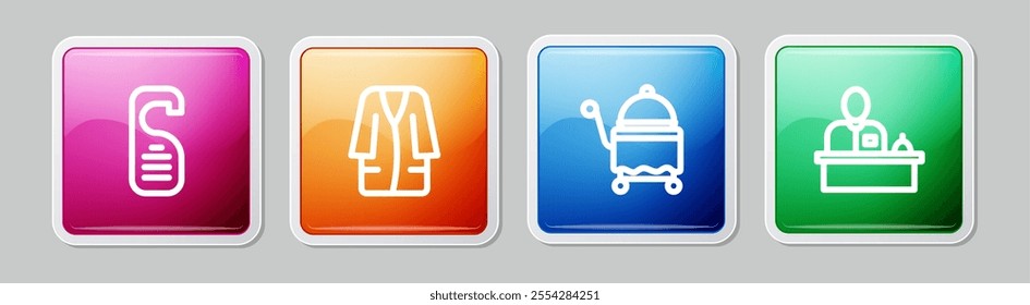 Set line Please do not disturb, Bathrobe, Covered with tray and Hotel reception desk. Colorful square button. Vector