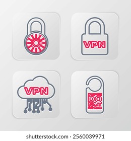 Set line Please do not disturb, Cloud VPN interface, Lock and Safe combination lock wheel icon. Vector