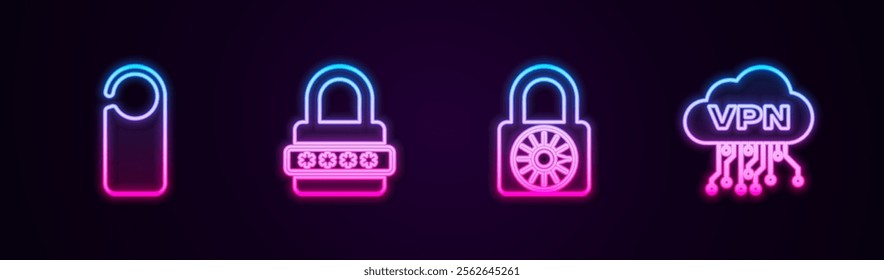 Set line Please do not disturb, Password protection, Safe combination lock wheel and Cloud VPN interface. Glowing neon icon. Vector