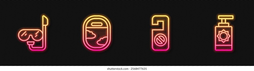 Set line Please do not disturb, Diving mask and snorkel, Airplane window and Sunscreen spray bottle. Glowing neon icon. Vector