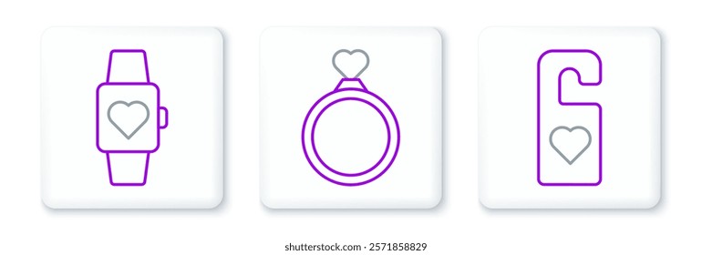 Set line Please do not disturb with heart, Heart in the center wrist watch and Wedding rings icon. Vector