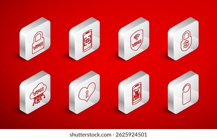 Set line Please do not disturb, Mobile and eye scan, Shield with VPN wireless, Money lock, face recognition, Lock, Heart keyhole and Cloud interface icon. Vector