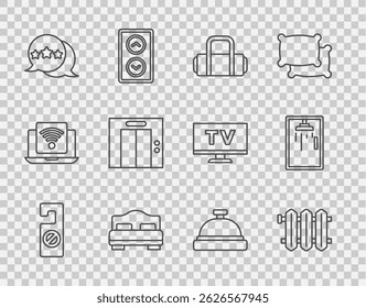 Set line Please do not disturb, Heating radiator, Suitcase, Hotel room bed, Five stars rating review, Lift, service bell and Shower cabin icon. Vector