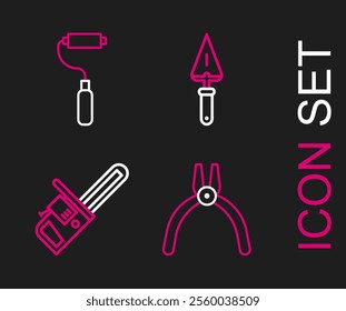 Set line Pliers tool, Chainsaw, Trowel and Paint roller brush icon. Vector