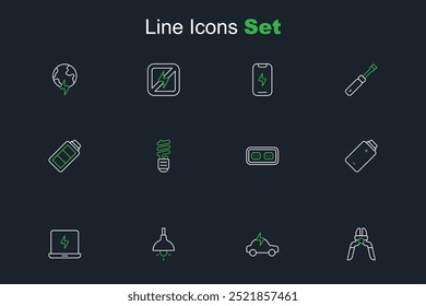 Set line Pliers tool, Electric car, Lamp hanging, Laptop, Battery charge, Electrical outlet, LED light bulb and  icon. Vector
