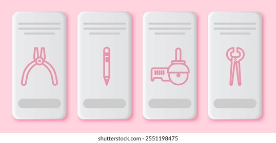 Set line Pliers tool, Pencil with eraser, Angle grinder and Pincers and pliers. White rectangle button. Vector