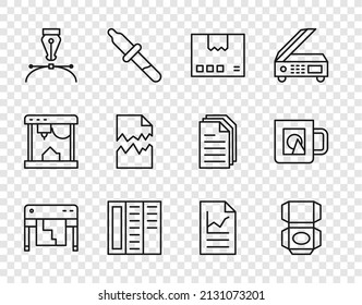 Set Line Plotter, Carton Cardboard Box, Brochure, Fountain Pen Nib, Torn Document, Document With Graph Chart And Coffee Cup Icon. Vector