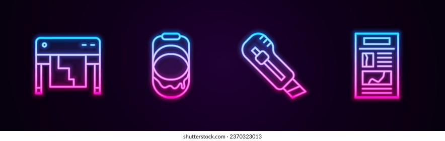 Set line Plotter, Paint bucket, Stationery knife and News. Glowing neon icon. Vector