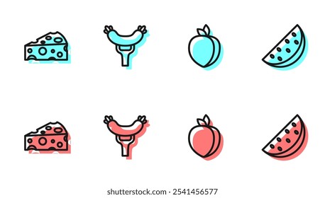 Set line Plum fruit, Cheese, Sausage on the fork and Watermelon icon. Vector