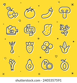 Set line Plum fruit, Corn, Ginger root, Eggplant, Leaf Eco symbol, Cutting board with vegetables, Healthy and Potato icon. Vector