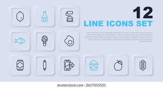 Set line Plum fruit, Hotdog, Fly agaric mushroom, Popcorn in cardboard box, Fish, Rolling pin, Sauce bottle and Food ordering on mobile icon. Vector