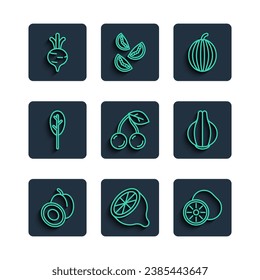 Set line Plum fruit, Lemon, Kiwi, Watermelon, Cherry, Spinach, Beet and Onion icon. Vector