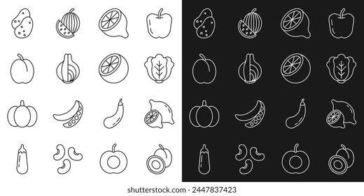 Set line Plum fruit, Lemon, Cabbage, Onion, Potato and Orange icon. Vector