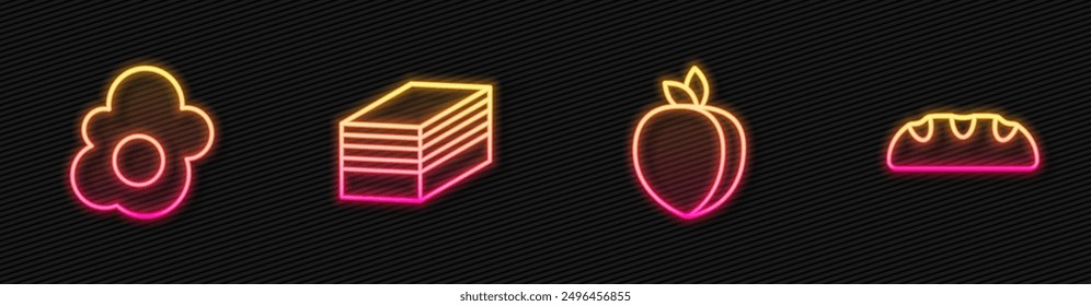 Set line Plum fruit, Scrambled egg, Piece of cake and Bread loaf. Glowing neon icon. Vector