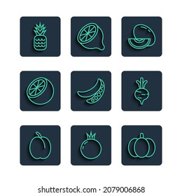Set line Plum fruit, Tomato, Pumpkin, Melon, Green peas, Orange, Pineapple and Beet icon. Vector