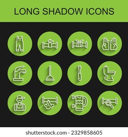 Set line Plumber, Broken pipe, Work overalls, Heated towel rail, Industry metallic, Rubber plunger, Toilet bowl and Screwdriver icon. Vector