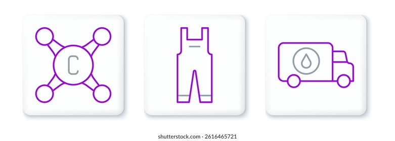 Set line Plumber service car, Water tap and Work overalls icon. Vector