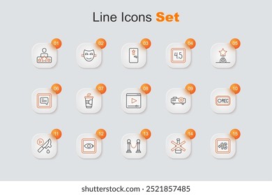 Set line Plus 16 movie, No alcohol, Rope barrier, Rating, Thriller, Record button, Movie, film, media projector and Online play video icon. Vector