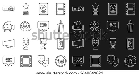 Set line Plus 18 movie, Buy cinema ticket online, Paper glass with water, CD disk award frame, Film reel, Retro camera, Movie, film, media projector and 3D word icon. Vector