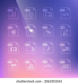 Set line PNG file document, PDF, AI, GIF, PPT, MAX, WAV and WMA icon. Vector