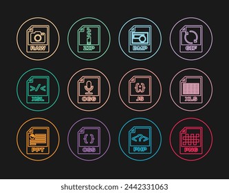 Establecer línea PNG archivo documento, XLS, BMP, OGG, XSL, RAW, JS y ZIP icono. Vector