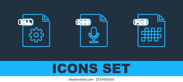 Set line PNG file document, DLL and OGG icon. Vector