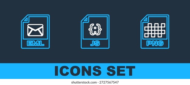 Establecer línea de documento de archivo PNG, EML y JS icono. Vector