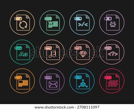 Set line PNG file document, PHP, XSL, WAV, OTF, GIF, RUBY and DOC icon. Vector
