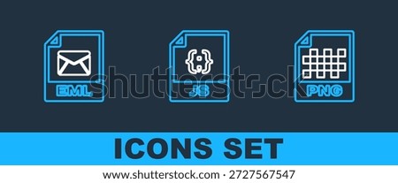 Set line PNG file document, EML and JS icon. Vector