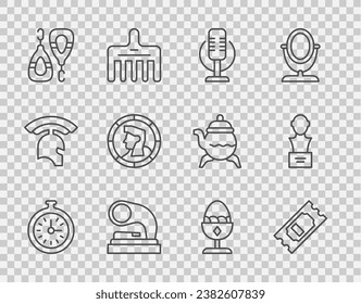 Set line Pocket watch, Cinema ticket, Microphone, Old gramophone, Earrings, Ancient coin, Chicken egg stand and Gypsum head sculpture bust icon. Vector