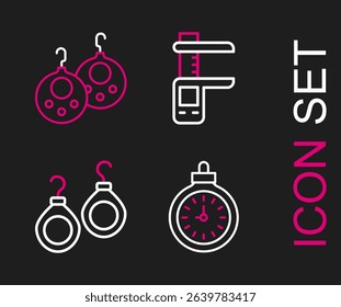 Set line Pocket watch, Earrings, Calliper or caliper and scale and  icon. Vector