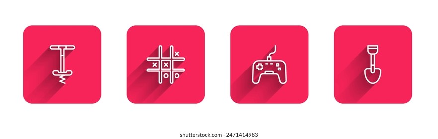 Set line Pogo stick jumping toy, Tic tac toe game, Gamepad and Shovel with long shadow. Red square button. Vector