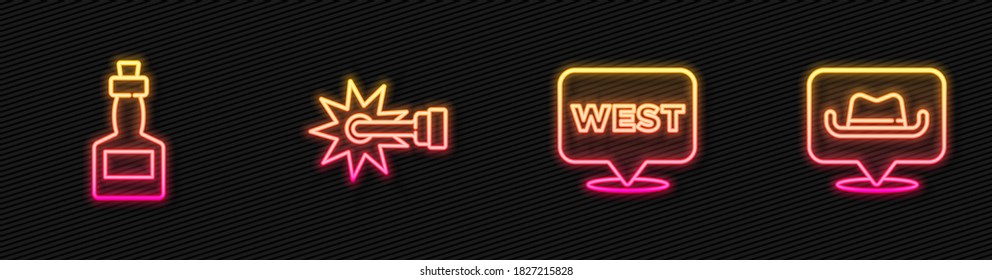 Set line Pointer to wild west, Tabasco sauce, Spur and Location cowboy. Glowing neon icon. Vector
